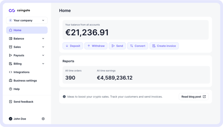 coingate homepage dashboard