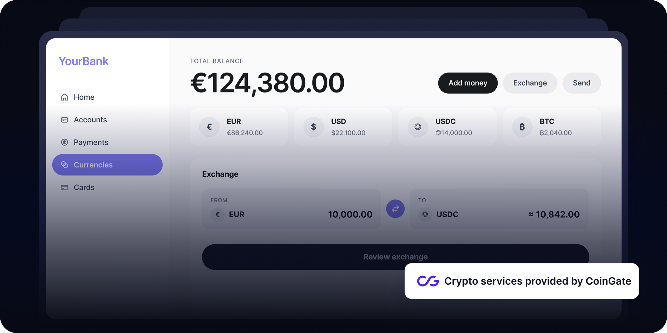 Your clients send, receive and convert crypto while you get a revenue line