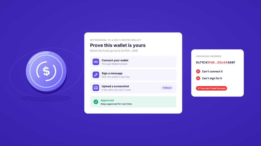 Wallet ownership check before a withdrawal by WalletConnect, signed message or screenshot, which a lookalike cannot pass