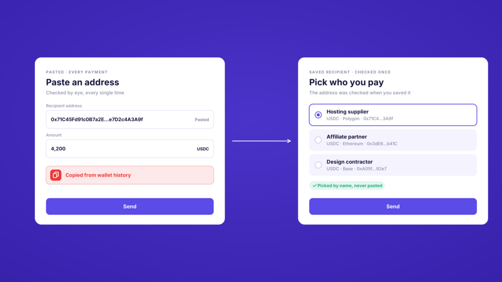 Pasting an address copied from wallet history compared with picking a saved payout recipient by name