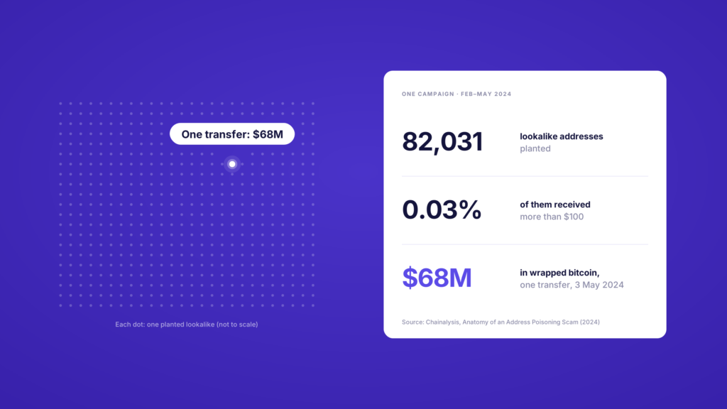 One 2024 campaign: 82,031 lookalike addresses, 0.03% received over 100 dollars, one 68 million dollar transfer