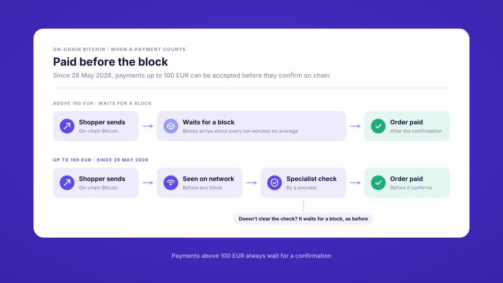 Diagram: on-chain Bitcoin payments above 100 EUR wait for a block, payments up to 100 EUR can be paid after a provider check, before they confirm