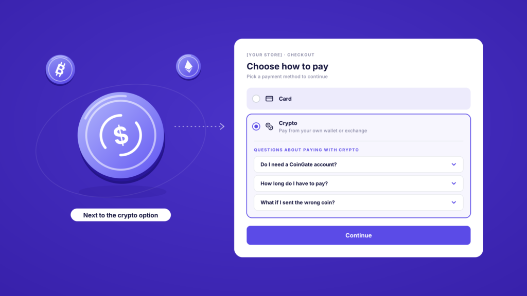 A store checkout with the crypto option selected and three FAQ questions right under it: account, time to pay and wrong coin