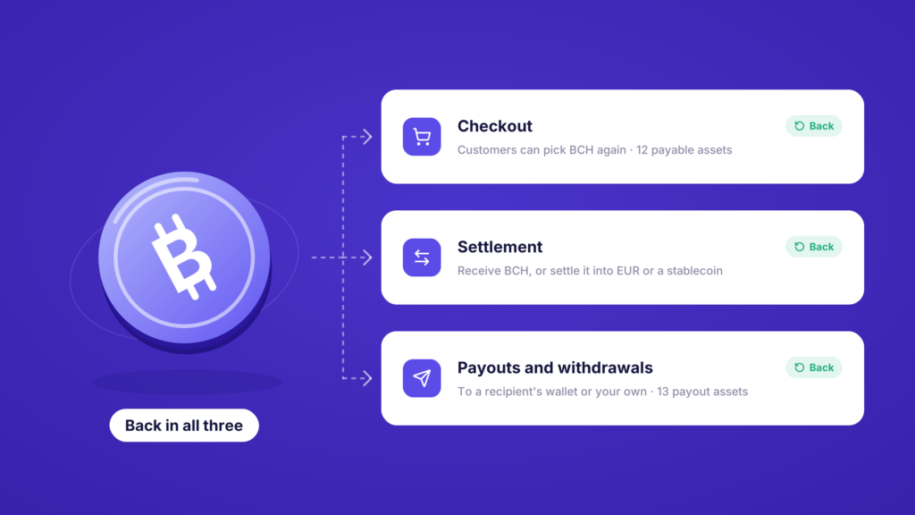 Bitcoin Cash back in checkout, settlement and payouts: customers can pick BCH again, receive BCH or settle it into EUR or a stablecoin, and send it to a recipient or to your own wallet